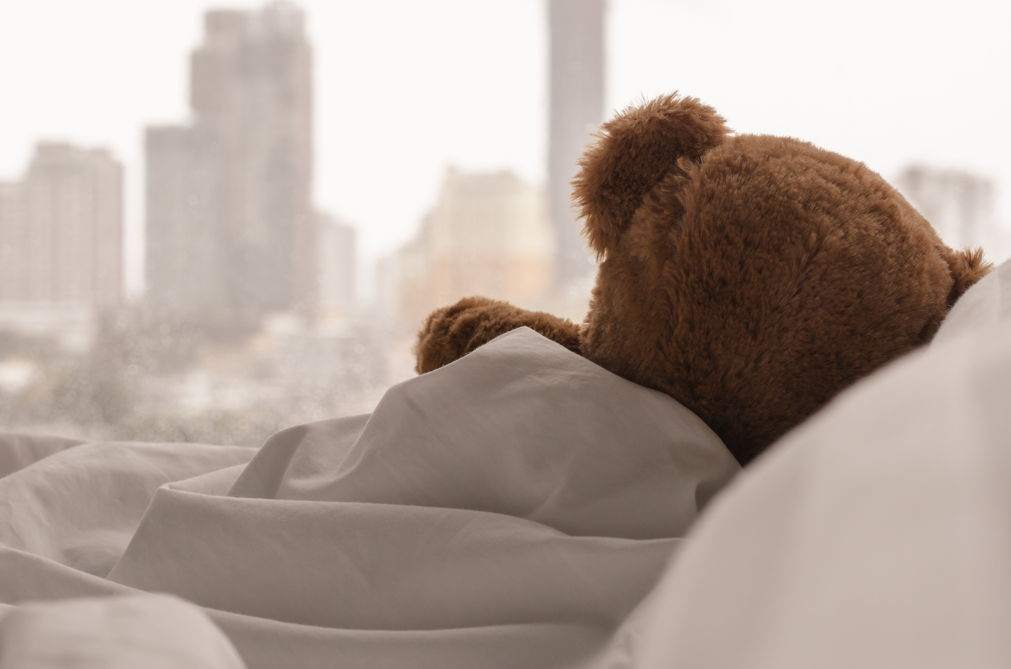 Stuffed toy covered with blanket on bed